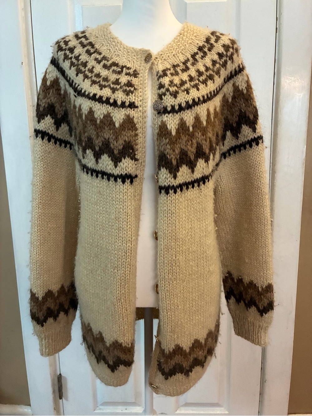 VTG Rammagerdin Reykjavik Icelandic Wool Cardigan Sweater Hand Knit Lopeypeysa L